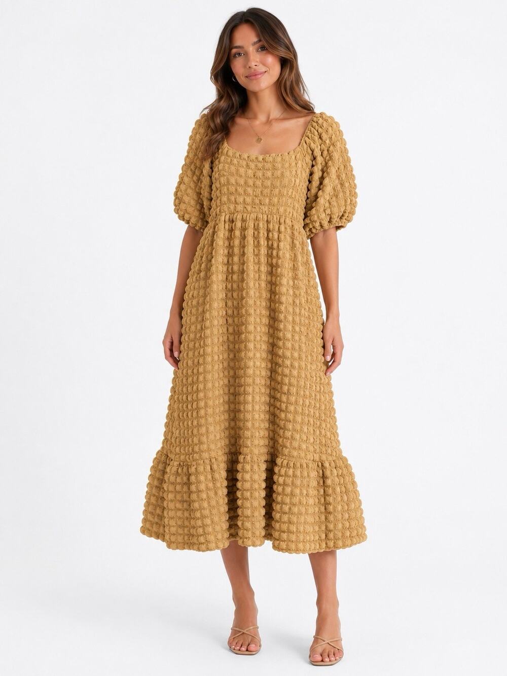 Simply Southern Bubble Maxi Dress Women's Large Tan Gauze Prairie Coastal Flowy